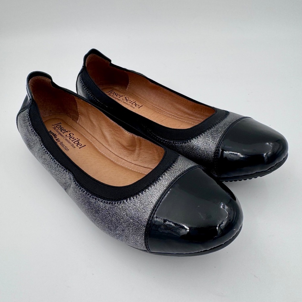 EUC Josef Seibel Pippa Black Silver Women's Patent Cap Toe Ballet Flats EU 38